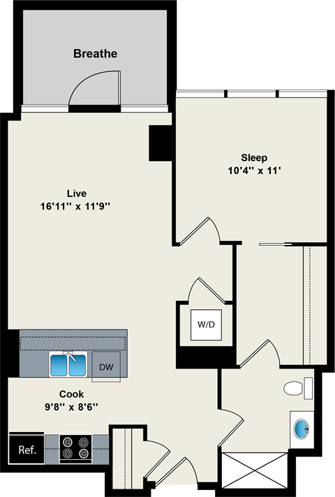 A floor plan of a house with a sleeping area, a cooking area, and a bathroom.